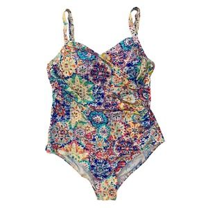 Emerald Bay Women's size 20 Multicolor One Piece Wrap Swimsuit Padded Bra